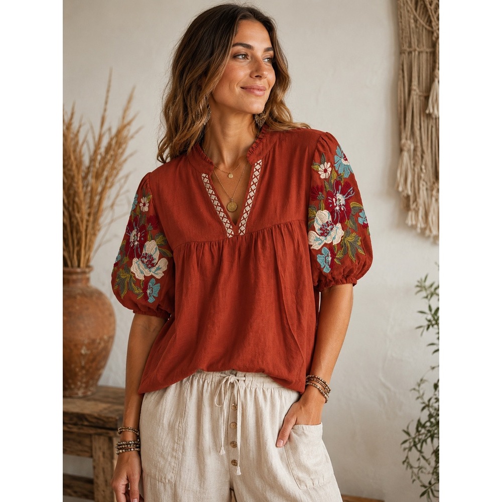 THML Rust Orange Floral Embroidered Puff Sleeve Boho Peasant Blouse Top Small